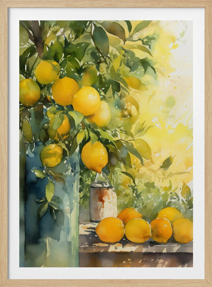 A vibrant watercolor painting of a lemon tree, with ripe yellow lemons nestled among lush green leaves. Some branches are arranged in a tall blue-green vase, while a cluster of freshly picked lemons rests on a wooden table. The background is a bright, sunny yellow, suggesting a warm, sunny day. Artwork