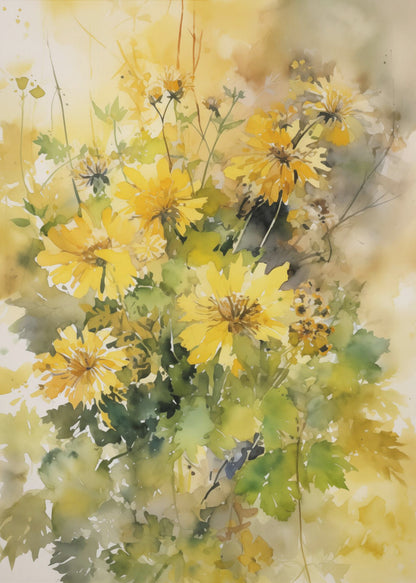 A delicate watercolor painting of a bouquet of vibrant yellow chrysanthemums with lush green leaves, set against a soft, blended background of warm yellows and earthy tones. The artwork is displayed in a thin black frame. Decor