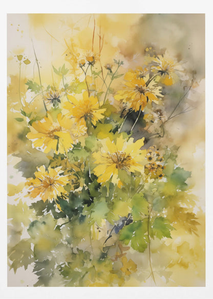A delicate watercolor painting of a bouquet of vibrant yellow chrysanthemums with lush green leaves, set against a soft, blended background of warm yellows and earthy tones. The artwork is displayed in a thin black frame. Decor