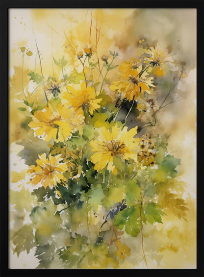 A delicate watercolor painting of a bouquet of vibrant yellow chrysanthemums with lush green leaves, set against a soft, blended background of warm yellows and earthy tones. The artwork is displayed in a thin black frame. Decor