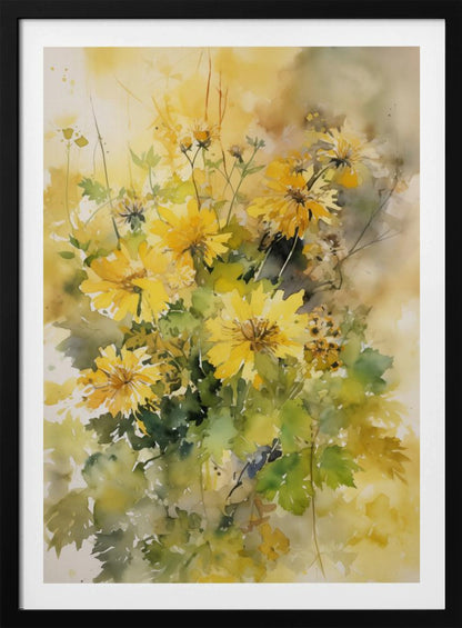 A delicate watercolor painting of a bouquet of vibrant yellow chrysanthemums with lush green leaves, set against a soft, blended background of warm yellows and earthy tones. The artwork is displayed in a thin black frame. Decor