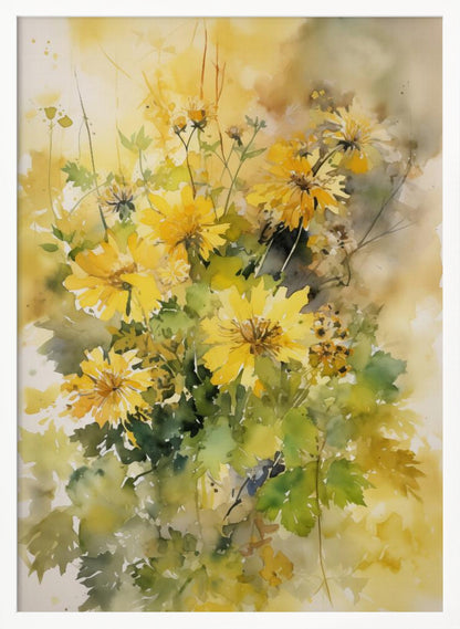 A delicate watercolor painting of a bouquet of vibrant yellow chrysanthemums with lush green leaves, set against a soft, blended background of warm yellows and earthy tones. The artwork is displayed in a thin black frame. Decor
