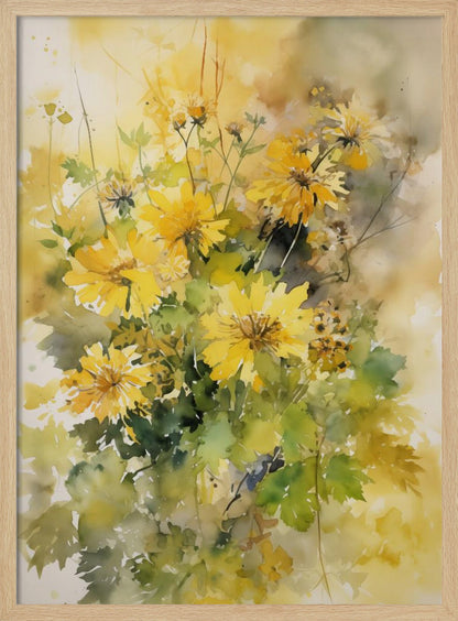 A delicate watercolor painting of a bouquet of vibrant yellow chrysanthemums with lush green leaves, set against a soft, blended background of warm yellows and earthy tones. The artwork is displayed in a thin black frame. Decor