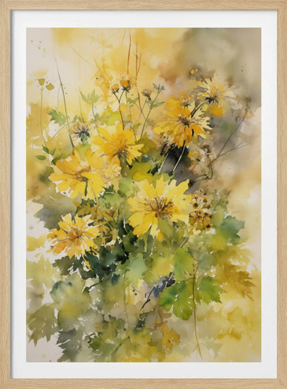 A delicate watercolor painting of a bouquet of vibrant yellow chrysanthemums with lush green leaves, set against a soft, blended background of warm yellows and earthy tones. The artwork is displayed in a thin black frame. Decor