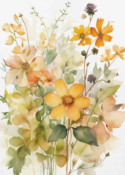 A delicate watercolor painting of a bouquet of wildflowers in shades of yellow, orange, and peach, with soft green leaves and stems against a white background, all within a thin black frame. Poster