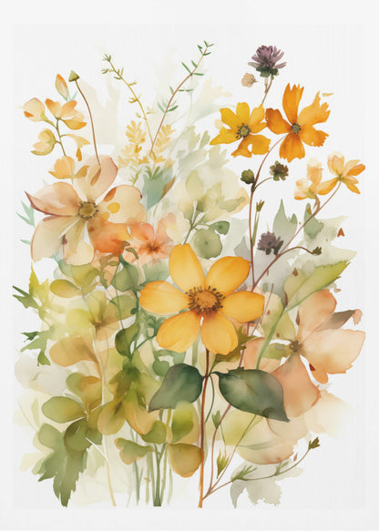 A delicate watercolor painting of a bouquet of wildflowers in shades of yellow, orange, and peach, with soft green leaves and stems against a white background, all within a thin black frame. Poster
