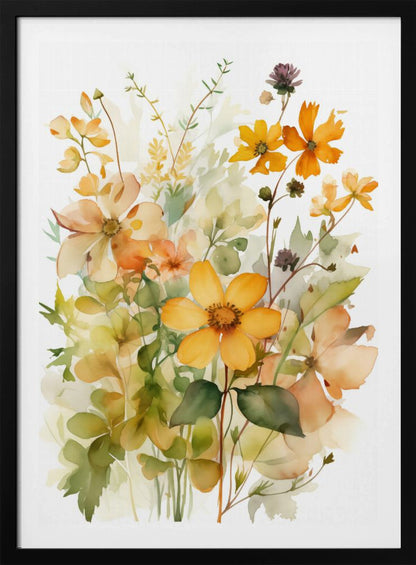 A delicate watercolor painting of a bouquet of wildflowers in shades of yellow, orange, and peach, with soft green leaves and stems against a white background, all within a thin black frame. Poster
