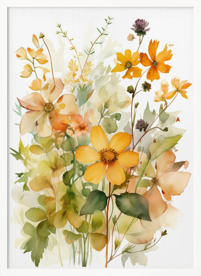 A delicate watercolor painting of a bouquet of wildflowers in shades of yellow, orange, and peach, with soft green leaves and stems against a white background, all within a thin black frame. Poster