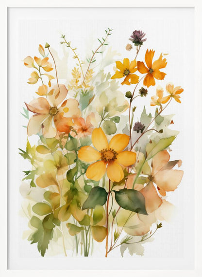 A delicate watercolor painting of a bouquet of wildflowers in shades of yellow, orange, and peach, with soft green leaves and stems against a white background, all within a thin black frame. Poster