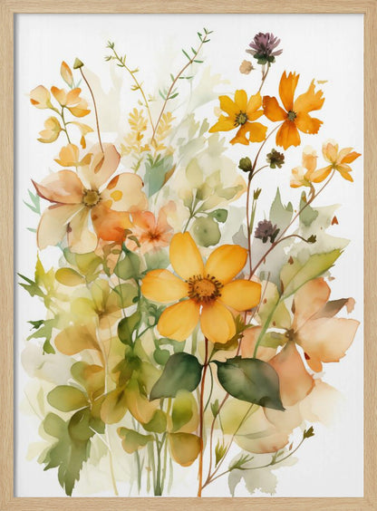 A delicate watercolor painting of a bouquet of wildflowers in shades of yellow, orange, and peach, with soft green leaves and stems against a white background, all within a thin black frame. Poster