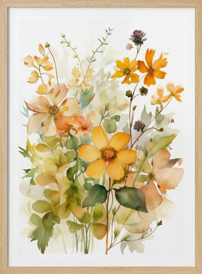 A delicate watercolor painting of a bouquet of wildflowers in shades of yellow, orange, and peach, with soft green leaves and stems against a white background, all within a thin black frame. Poster