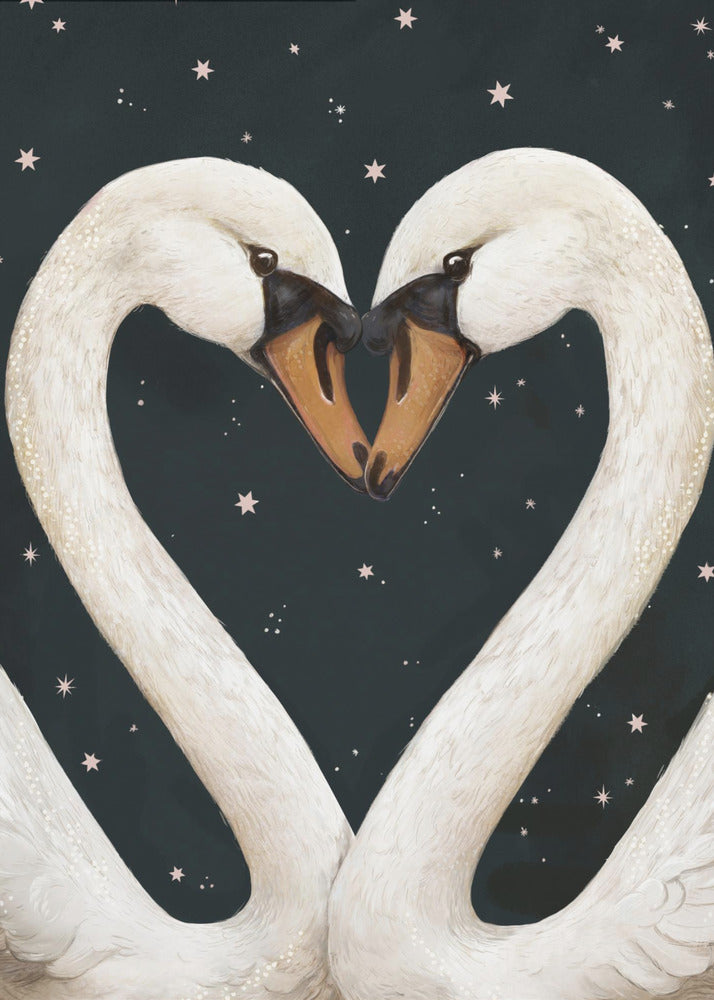 An illustration of two white swans facing each other, their gracefully curved necks forming a perfect heart shape against a dark, starry night sky. Their beaks are touching in the center. Wall Art