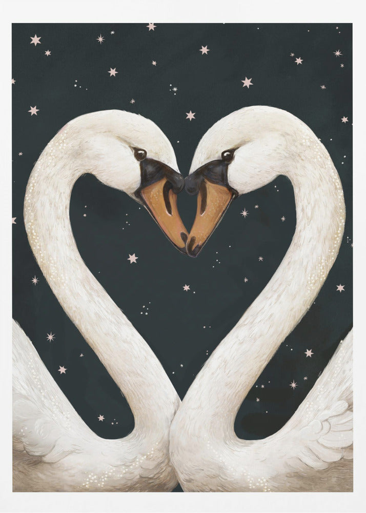 An illustration of two white swans facing each other, their gracefully curved necks forming a perfect heart shape against a dark, starry night sky. Their beaks are touching in the center. Wall Art