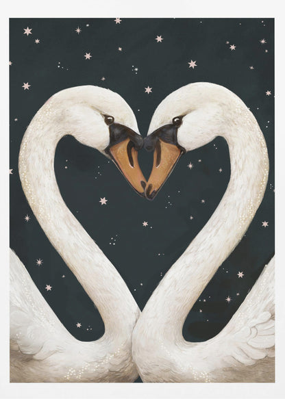 An illustration of two white swans facing each other, their gracefully curved necks forming a perfect heart shape against a dark, starry night sky. Their beaks are touching in the center. Wall Art