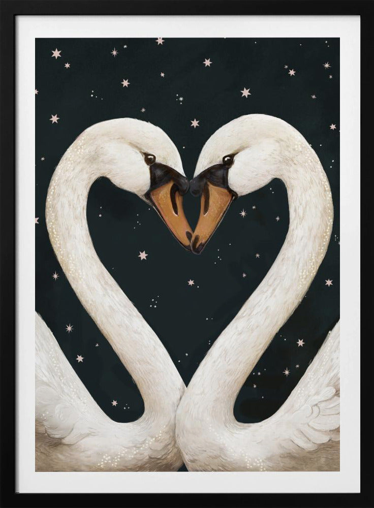 An illustration of two white swans facing each other, their gracefully curved necks forming a perfect heart shape against a dark, starry night sky. Their beaks are touching in the center. Wall Art