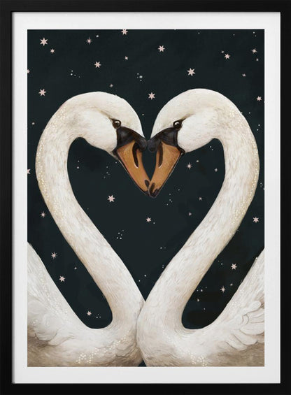 An illustration of two white swans facing each other, their gracefully curved necks forming a perfect heart shape against a dark, starry night sky. Their beaks are touching in the center. Wall Art