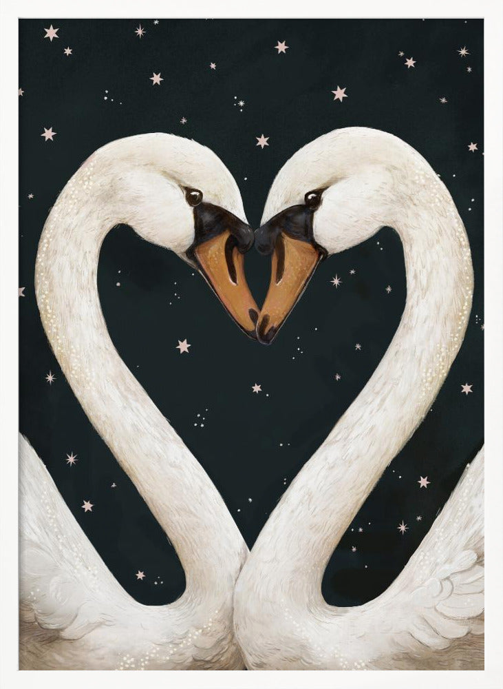 An illustration of two white swans facing each other, their gracefully curved necks forming a perfect heart shape against a dark, starry night sky. Their beaks are touching in the center. Wall Art