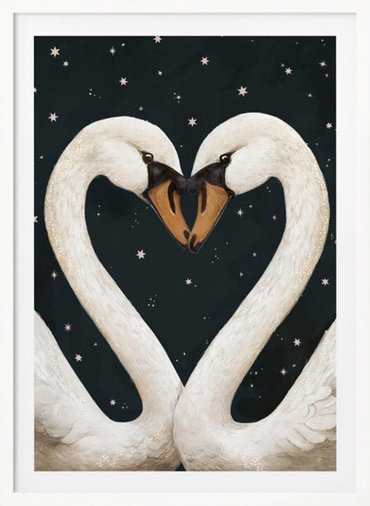 An illustration of two white swans facing each other, their gracefully curved necks forming a perfect heart shape against a dark, starry night sky. Their beaks are touching in the center. Wall Art