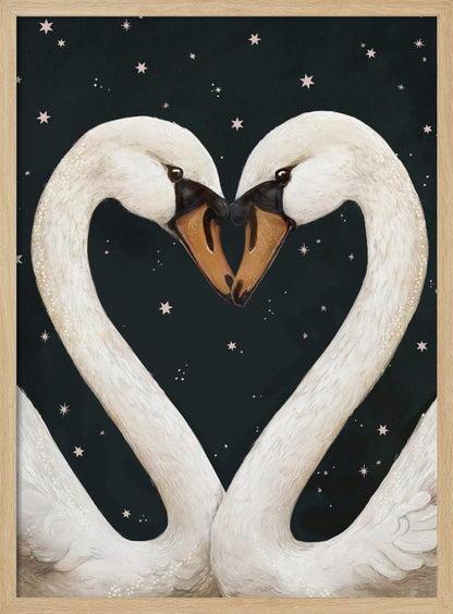 An illustration of two white swans facing each other, their gracefully curved necks forming a perfect heart shape against a dark, starry night sky. Their beaks are touching in the center. Wall Art