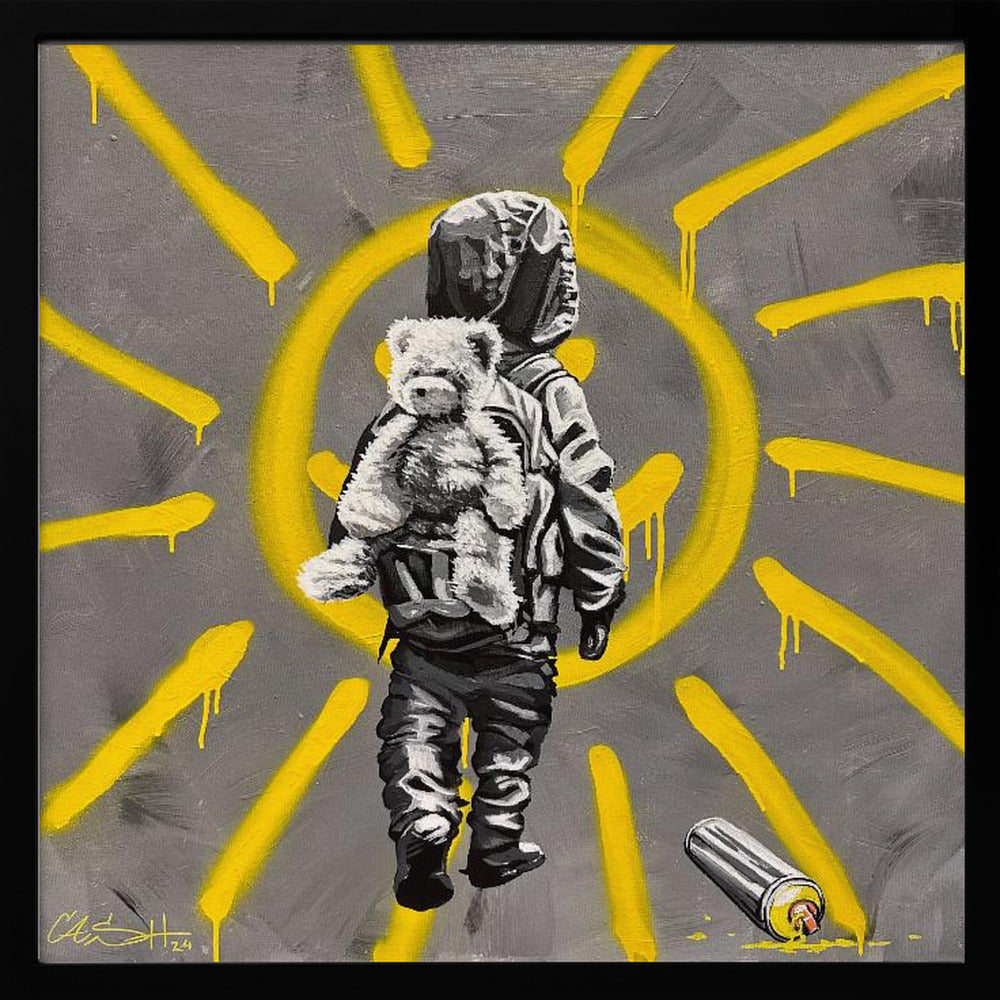 A framed street art-style painting with a grey background. A large, yellow, spray-painted sun with dripping rays dominates the scene. In the foreground, a small child in a dark hoodie and pants is depicted from behind in black and white, carrying a fluffy teddy bear on their back. A discarded spray paint can lies on the ground in the bottom right corner. Poster