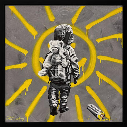 A framed street art-style painting with a grey background. A large, yellow, spray-painted sun with dripping rays dominates the scene. In the foreground, a small child in a dark hoodie and pants is depicted from behind in black and white, carrying a fluffy teddy bear on their back. A discarded spray paint can lies on the ground in the bottom right corner. Poster