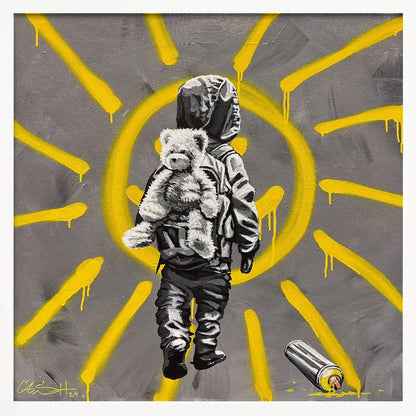 A framed street art-style painting with a grey background. A large, yellow, spray-painted sun with dripping rays dominates the scene. In the foreground, a small child in a dark hoodie and pants is depicted from behind in black and white, carrying a fluffy teddy bear on their back. A discarded spray paint can lies on the ground in the bottom right corner. Poster