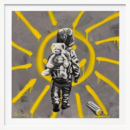 A framed street art-style painting with a grey background. A large, yellow, spray-painted sun with dripping rays dominates the scene. In the foreground, a small child in a dark hoodie and pants is depicted from behind in black and white, carrying a fluffy teddy bear on their back. A discarded spray paint can lies on the ground in the bottom right corner. Poster