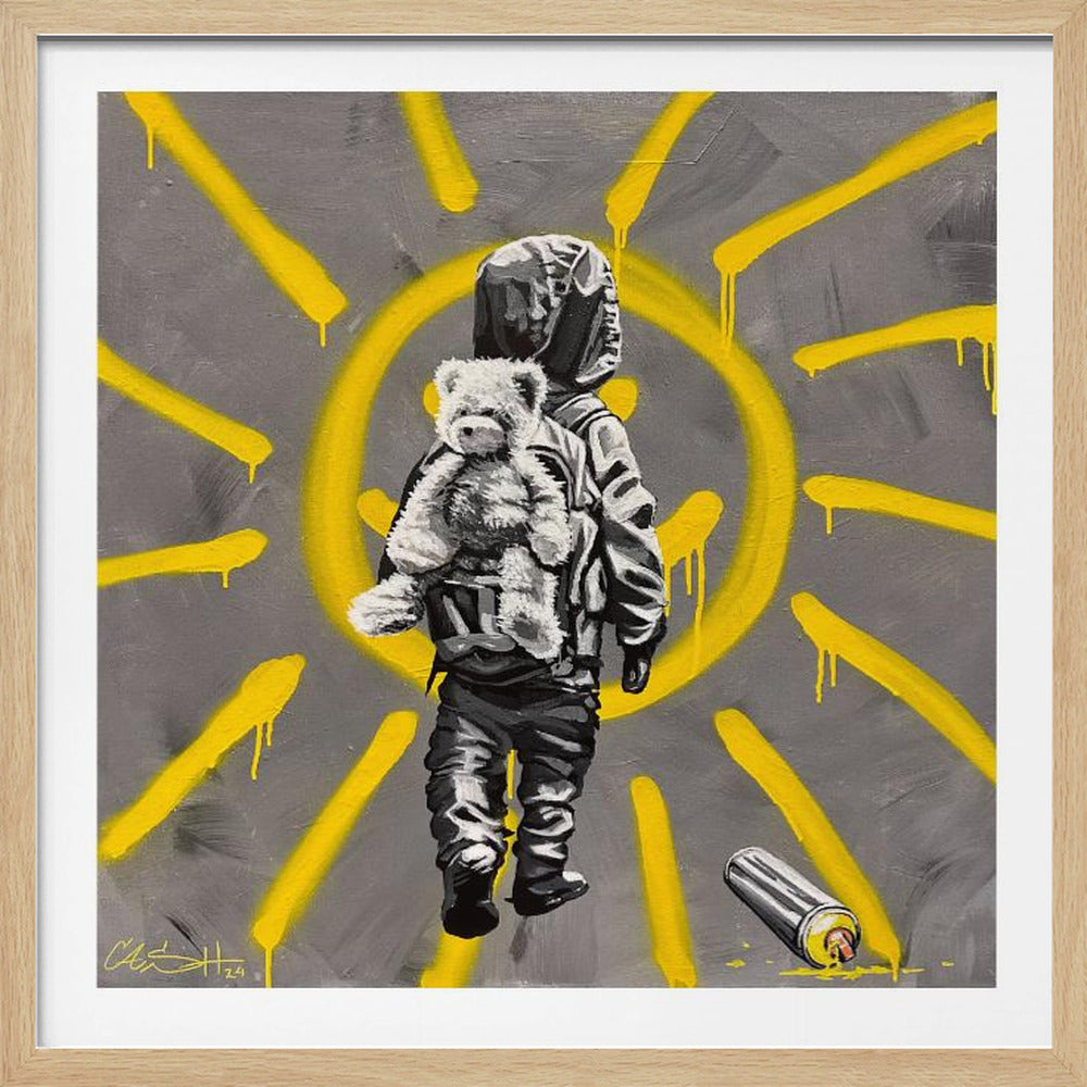 A framed street art-style painting with a grey background. A large, yellow, spray-painted sun with dripping rays dominates the scene. In the foreground, a small child in a dark hoodie and pants is depicted from behind in black and white, carrying a fluffy teddy bear on their back. A discarded spray paint can lies on the ground in the bottom right corner. Poster