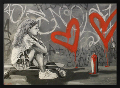 A monochrome street art painting of a young girl with long hair sitting thoughtfully on a skateboard. Behind her, a grey wall is covered in graffiti tags and two large, bright red hearts are spray-painted with drips running down. A red and white spray paint can sits on the ground next to her. Artwork