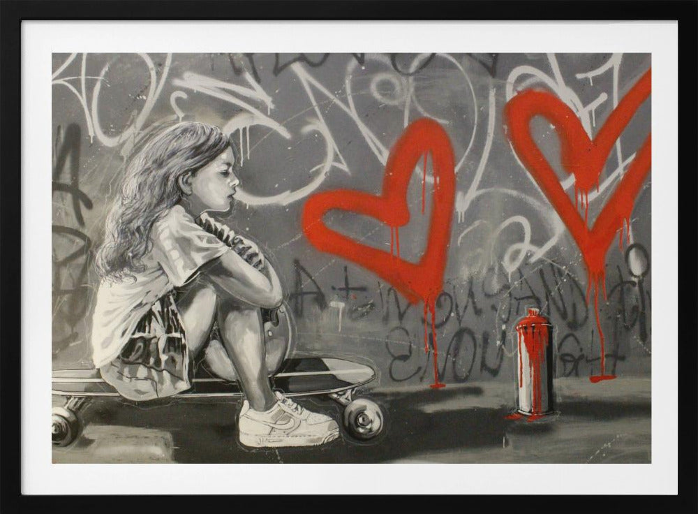 A monochrome street art painting of a young girl with long hair sitting thoughtfully on a skateboard. Behind her, a grey wall is covered in graffiti tags and two large, bright red hearts are spray-painted with drips running down. A red and white spray paint can sits on the ground next to her. Artwork