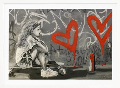A monochrome street art painting of a young girl with long hair sitting thoughtfully on a skateboard. Behind her, a grey wall is covered in graffiti tags and two large, bright red hearts are spray-painted with drips running down. A red and white spray paint can sits on the ground next to her. Artwork