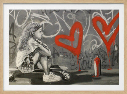 A monochrome street art painting of a young girl with long hair sitting thoughtfully on a skateboard. Behind her, a grey wall is covered in graffiti tags and two large, bright red hearts are spray-painted with drips running down. A red and white spray paint can sits on the ground next to her. Artwork