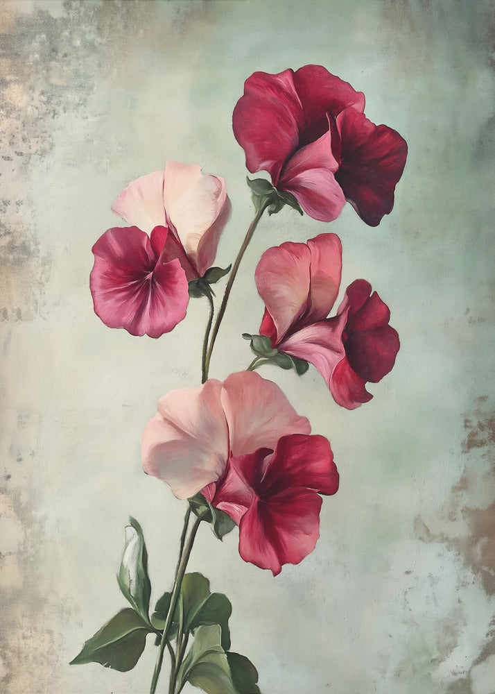A vintage-style painting of several sweet pea flowers in shades of deep red and light pink against a textured, pale green-grey background, presented in a simple black frame. Artwork