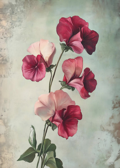 A vintage-style painting of several sweet pea flowers in shades of deep red and light pink against a textured, pale green-grey background, presented in a simple black frame. Artwork