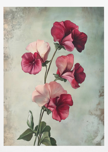 A vintage-style painting of several sweet pea flowers in shades of deep red and light pink against a textured, pale green-grey background, presented in a simple black frame. Artwork