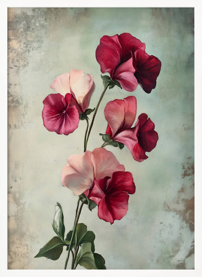 A vintage-style painting of several sweet pea flowers in shades of deep red and light pink against a textured, pale green-grey background, presented in a simple black frame. Artwork