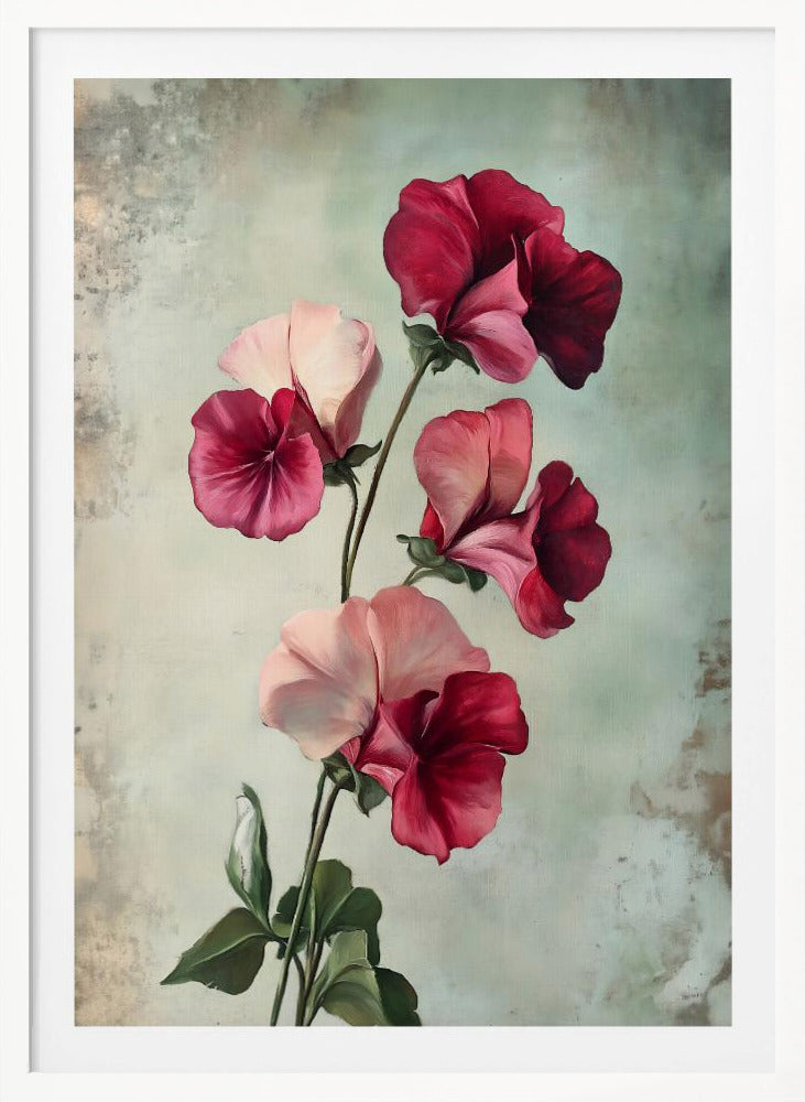 A vintage-style painting of several sweet pea flowers in shades of deep red and light pink against a textured, pale green-grey background, presented in a simple black frame. Artwork