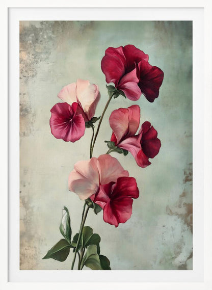 A vintage-style painting of several sweet pea flowers in shades of deep red and light pink against a textured, pale green-grey background, presented in a simple black frame. Artwork