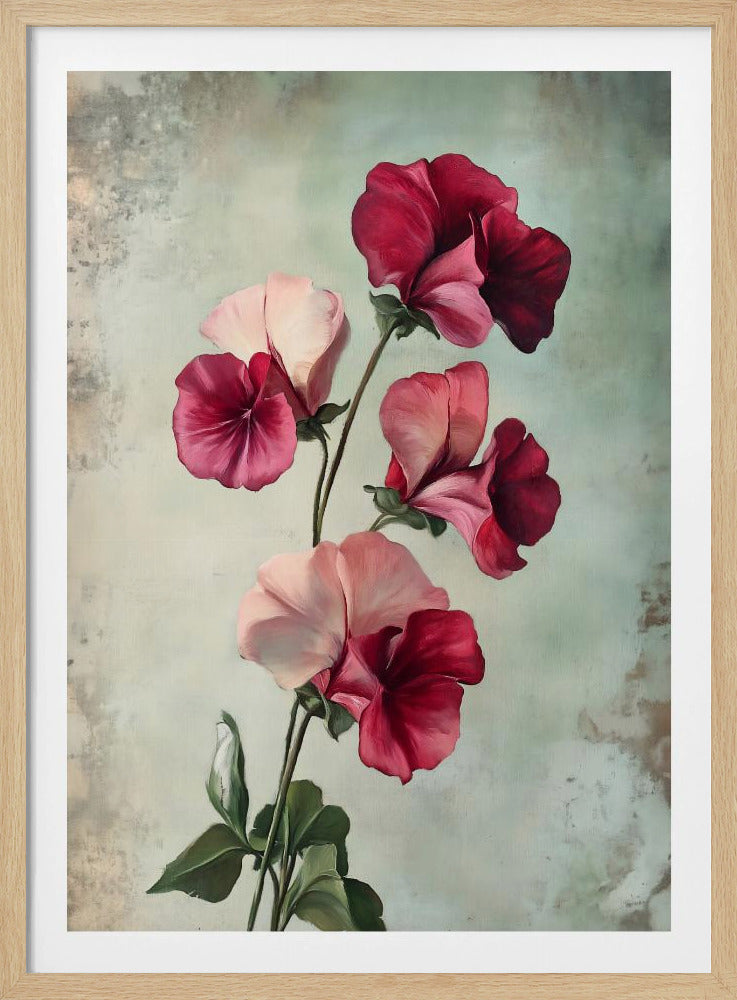 A vintage-style painting of several sweet pea flowers in shades of deep red and light pink against a textured, pale green-grey background, presented in a simple black frame. Artwork