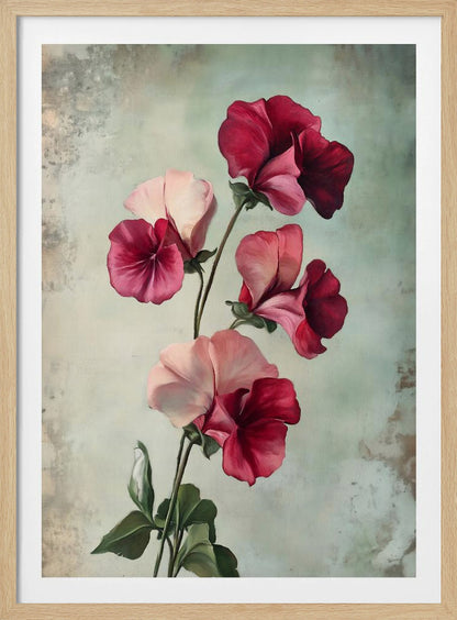 A vintage-style painting of several sweet pea flowers in shades of deep red and light pink against a textured, pale green-grey background, presented in a simple black frame. Artwork