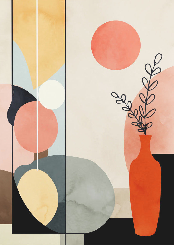 A modern abstract art print in a black frame, featuring a composition of geometric and organic shapes in coral, yellow, blue, and gray. On the right, a red-orange vase holds a black line drawing of a plant, with a large coral circle above it, creating a balanced and minimalist still life. Decor