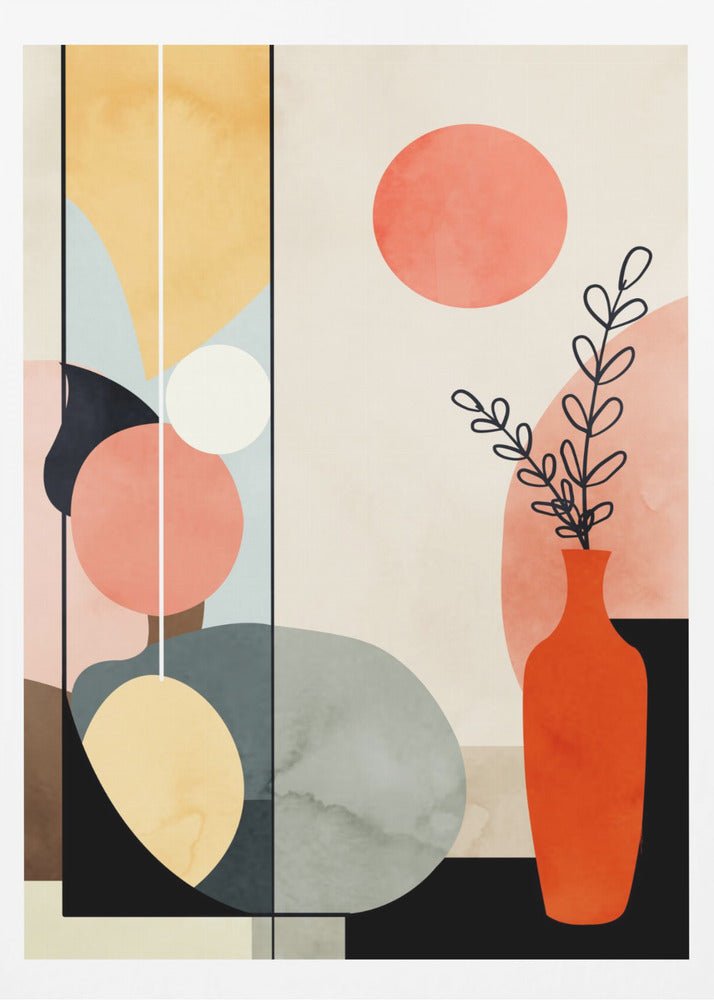 A modern abstract art print in a black frame, featuring a composition of geometric and organic shapes in coral, yellow, blue, and gray. On the right, a red-orange vase holds a black line drawing of a plant, with a large coral circle above it, creating a balanced and minimalist still life. Decor