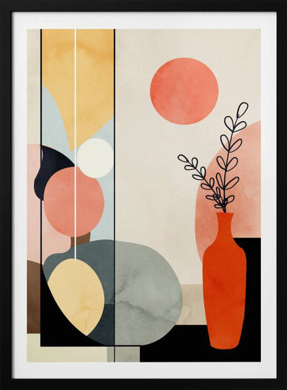 A modern abstract art print in a black frame, featuring a composition of geometric and organic shapes in coral, yellow, blue, and gray. On the right, a red-orange vase holds a black line drawing of a plant, with a large coral circle above it, creating a balanced and minimalist still life. Decor