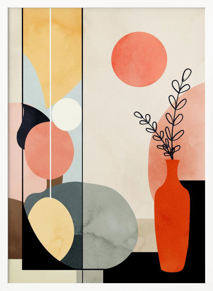 A modern abstract art print in a black frame, featuring a composition of geometric and organic shapes in coral, yellow, blue, and gray. On the right, a red-orange vase holds a black line drawing of a plant, with a large coral circle above it, creating a balanced and minimalist still life. Decor