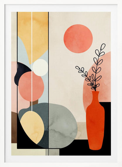 A modern abstract art print in a black frame, featuring a composition of geometric and organic shapes in coral, yellow, blue, and gray. On the right, a red-orange vase holds a black line drawing of a plant, with a large coral circle above it, creating a balanced and minimalist still life. Decor