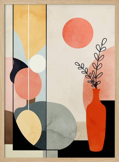 A modern abstract art print in a black frame, featuring a composition of geometric and organic shapes in coral, yellow, blue, and gray. On the right, a red-orange vase holds a black line drawing of a plant, with a large coral circle above it, creating a balanced and minimalist still life. Decor