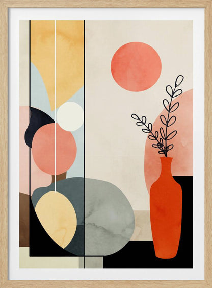 A modern abstract art print in a black frame, featuring a composition of geometric and organic shapes in coral, yellow, blue, and gray. On the right, a red-orange vase holds a black line drawing of a plant, with a large coral circle above it, creating a balanced and minimalist still life. Decor