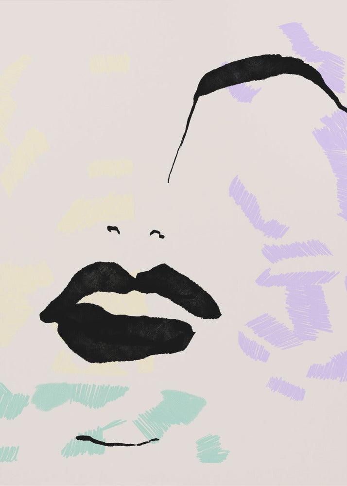 An abstract, minimalist illustration of a woman's face on a beige background, framed in black. Bold black ink defines the lips and a sweeping eyebrow, while areas of the face are filled with scribbled patches of pastel purple, blue, and yellow. Print