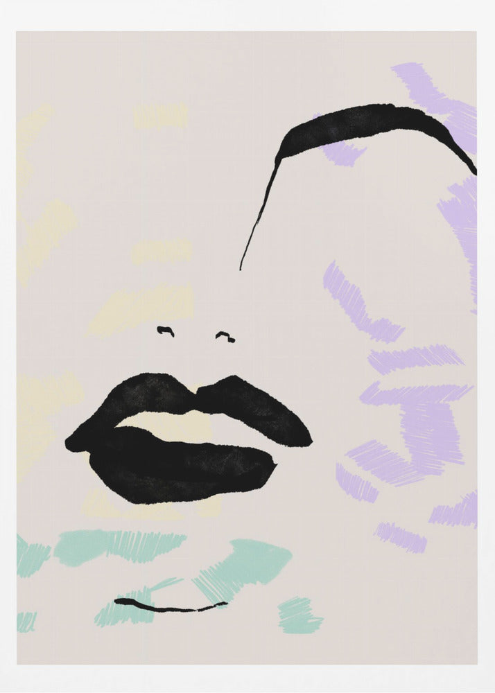 An abstract, minimalist illustration of a woman's face on a beige background, framed in black. Bold black ink defines the lips and a sweeping eyebrow, while areas of the face are filled with scribbled patches of pastel purple, blue, and yellow. Print