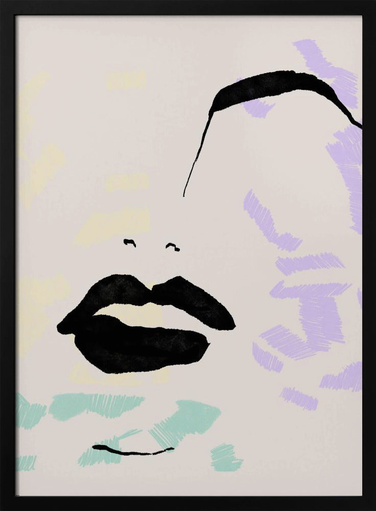 An abstract, minimalist illustration of a woman's face on a beige background, framed in black. Bold black ink defines the lips and a sweeping eyebrow, while areas of the face are filled with scribbled patches of pastel purple, blue, and yellow. Print